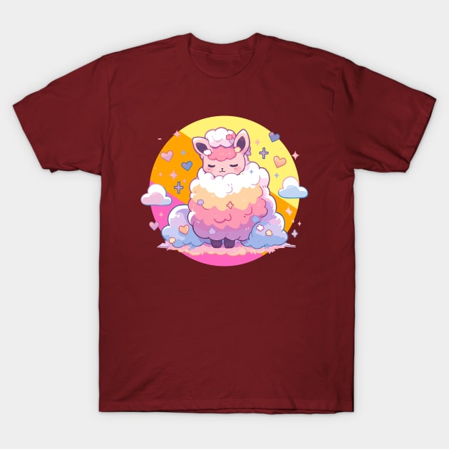 Retro Fluffy Cloud Kawaii Drama Free Pink Llama T-Shirt by Kawaii Kingdom